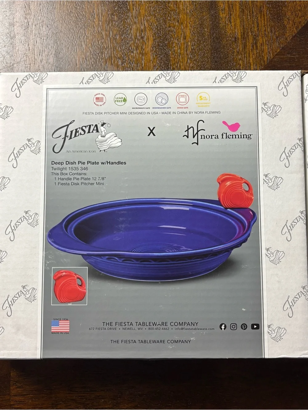 Fiesta x Nora Fleming Twilight Deep Dish Pie Plate with Red Pitcher Figurine